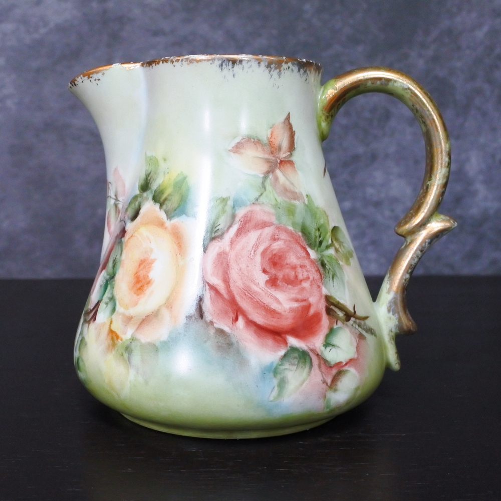 Vintage Signed Hand Painted Porcelain Floral Rose Pitcher